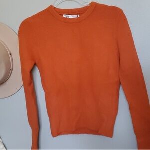 Zara Women's Vibrant Orange Crew Neck Sweater